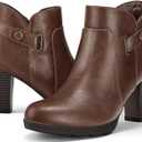 mysoft Women's Zipper Booties Chunky Stacked Heel Ankle Boots Buckle Strap Ankle (8.5, Dark Brown)
