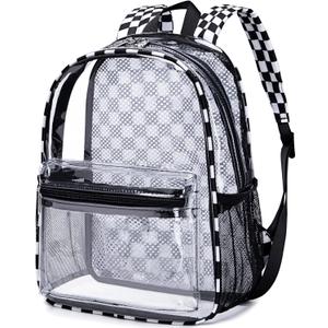 BTOOP Clear Mini Backpack for Stadium Events 12x12x6 Small Transparent Backpacks Plastic See Through Clear Bag for Concerts Work Festival Security Travel (Black White - Plaid)