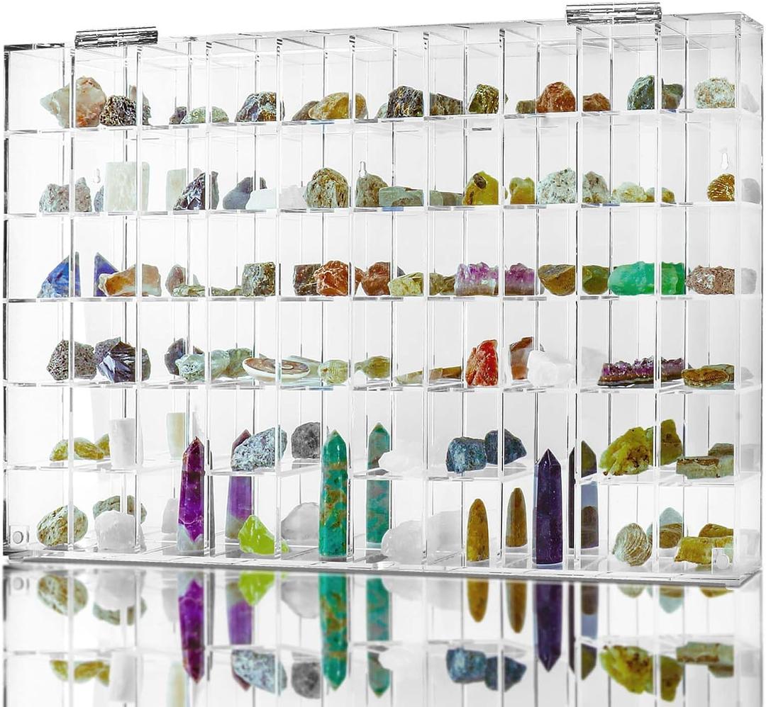 Adjustable Seashell Display Case Box Large Rock Fossil Arrowhead Display Case Crystal Organizer Clear Wall Mounted & Desktop 60 Room Shadow Box for Mini Pop Figure, Collectibles, with Mirrored & Lid