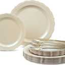 " OCCASIONS " 150 Piece set (25 Guests)-Vintage Wedding Plastic Plates & cutlery -Disposable Dinnerware 10'', 7.5'' + Silverware w/double fork (Verona Plain Ivory)