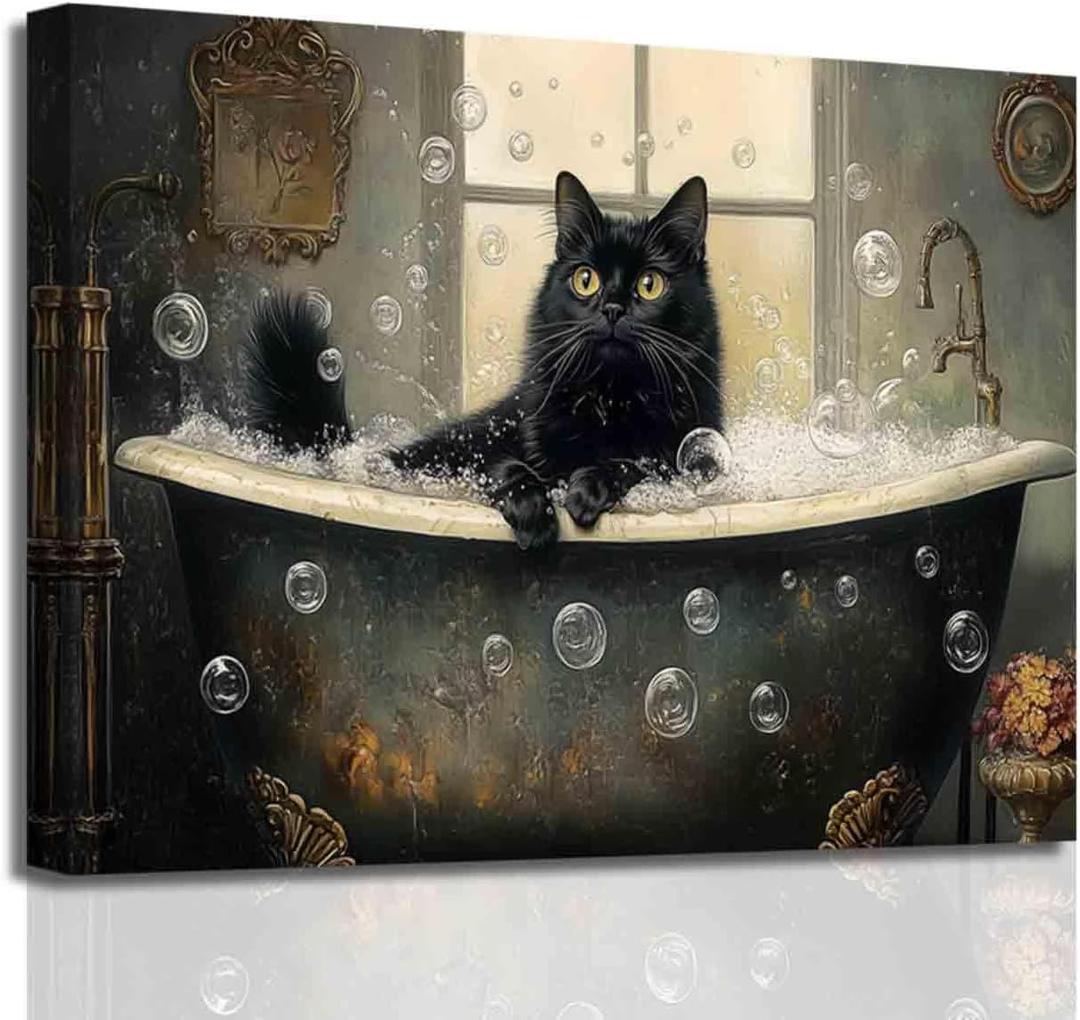 BJYCHG Cat Bathroom Wall Art Animal Bathroom Pictures Black Cat in Bathtub Poster Prints Funny Animal Canvas Paintings Toilet Artwork Vintage Farmhouse Decor Frame (Black, (16L x 24W))