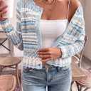 Urchics Women's Hollow Out Knit Cardigan Sweaters Scalloped Crewneck Cropped Sweater Long Sleeve Front Button Fall Tops (Blue, L)