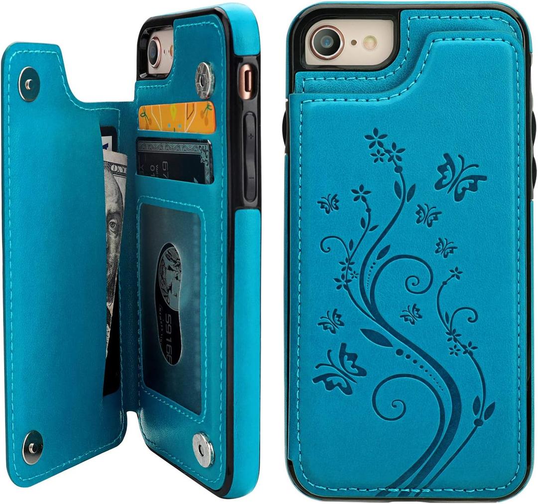 Vaburs Wallet Case for iPhone SE(2022) 5G/SE(2020)/7/8 with Card Holder, Embossed Butterfly Premium PU Leather Double Magnetic Buttons Flip Shockproof Protective Cover 4.7 inch (Blue)