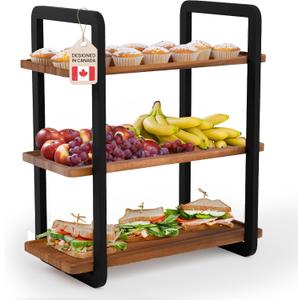 Ibyx 3 Tier Serving Tray Stand - Space-Saving Serving Platter for Desserts, Appetizers, Fruits & Snacks - Sturdy Acacia Wooden Tray (Black Frame - Brown Wood Body, 20" x 10" x 24")