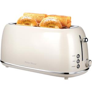 Roter Mond 4 Slice Toaster Retro Stainless Steel Toaster with Bagel, Cancel, Defrost Function and 6 Bread Shade Settings Bread Machine, Long Extra Wide Slots and Removable Crumb Tray, Cream