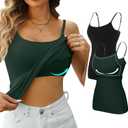 V FOR CITY Women's Shelf Bra Camisole Tops Adjustable Spaghetti Strap Cami Tank Cotton Undershirts 2 Pack (Medium, Black/Dark Green)