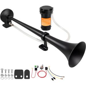 Train Horn for Truck 150db 12V, Super Loud black Single Trumpet Truck Air Horn with Compressor, suitable for Any 12V Vehicles Train Car Ship Boat Lorry (Black 1 tube horn with wire)