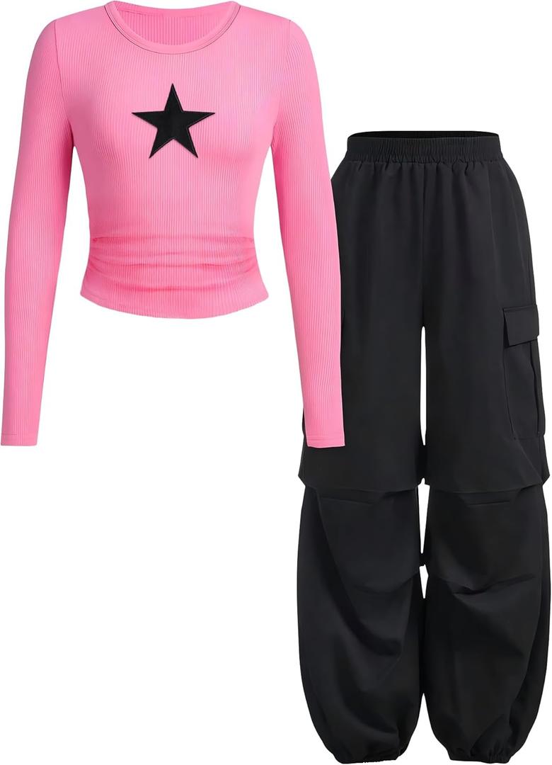 Tween Girls Clothes Ribbed Star Printed Shirt + Cargo Pants Sets Fall Outfits Sizes 7-16 Years (11-12 Years, Pink)