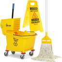 Simpli-Magic Side Press Wringer Combo Commercial Mop Bucket on Wheels, 35 Quart,Yellow, Including Wet Floor Caution Sign and Set, Polyethylene