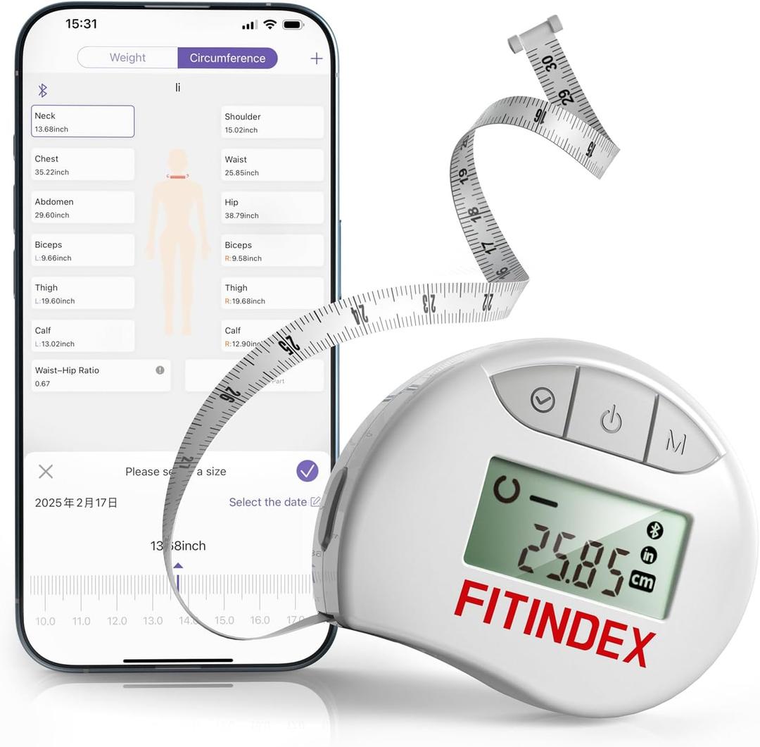 FITINDEX Body Measuring Tape, Accurate Bluetooth Measuring Tape for Body Measurements, Smart Body Tape Measure Retractable with 12 Body Parts Measure for Weight Loss Fitness Muscle Gain, Sync with APP