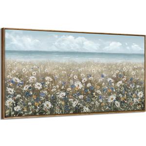 amatop Large Wall Art for Living Room Framed Boho Beach Coastal Floral Ocean Wall Picture Farmhouse Daisy Flower Sea Canvas Print Nautical Neutral Vintage Warm Artwork Home Bedroom Office Decor 48x24 (48L" x 24W")