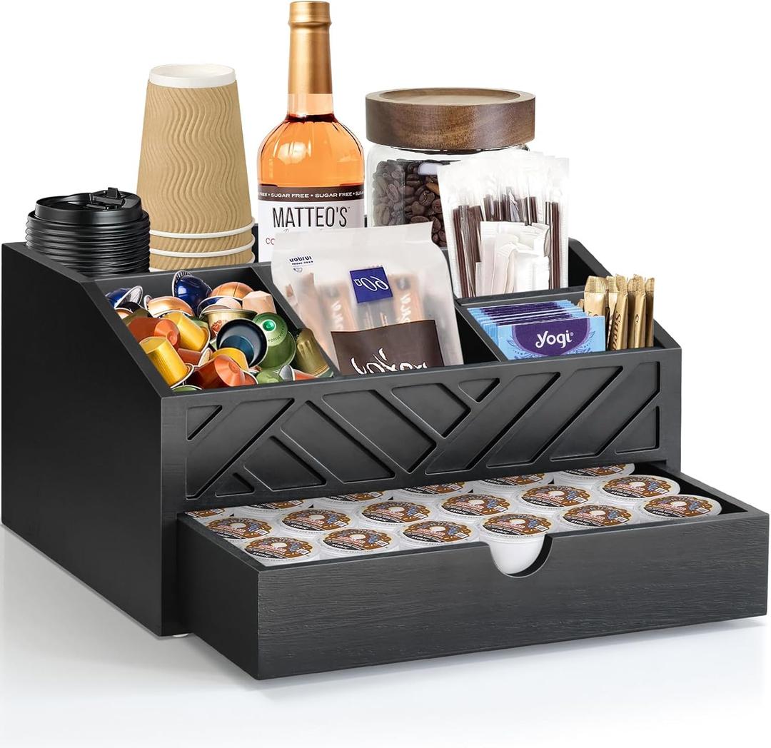 Coffee Bar Organizer with Drawer, Coffee Station Organizer for Countertop, Wood Coffee Bar Accessories Organizer for Coffee Bar Decor, Farmhouse Cup Pod Holder Condiment Organizer(Black)