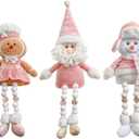 Pink Christmas Dolls Decoration - 3PCS Pink Stuffed Gingerbread Man, Snowman, Santa Claus Gnome, Xmas Handmade Plush for Winter Home Table Ornament, Tiered Tray Decor