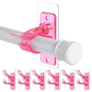 6-Pack No Drill Needed Curtain Rod Holders Brackets, Self Adhesive Rods Holder Hooks, Multipurpose Nail-Free Stick on Curtain Rod Hooks-Transparent Berry Pink