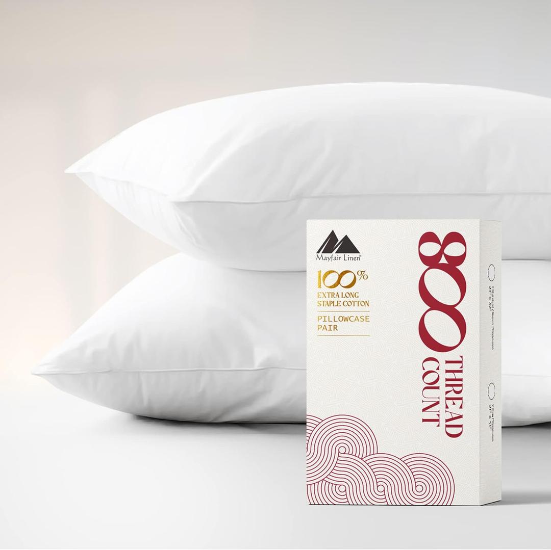 Mayfair Linen 100% Egyptian Cotton Standard/Queen Size Pillow Cases Set of 2-800 Thread Count Pillow Cover - Soft, Cooling White Pillowcases Set of 2 for Standard/Queen Pillows