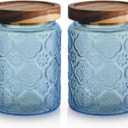 2 pack Decorative Mason Jars with Wooden Lids Colored Glass Kitchen Canister for Coffee Tea Cookie Airtight Vintage Food Storage Container with Embossed Floral Pattern (Blue Crabapple, Small)