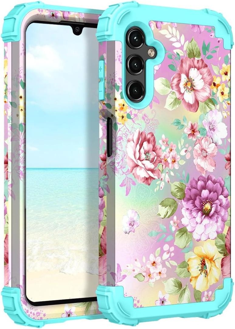 Hocase for Galaxy A14 5G Case, Heavy Duty Shockproof Protection Soft Silicone Rubber Bumper+Hard Plastic Hybrid Protective Case for Samsung Galaxy A14 5G (6.6"" Display) 2023 - Purple/Pink Flowers