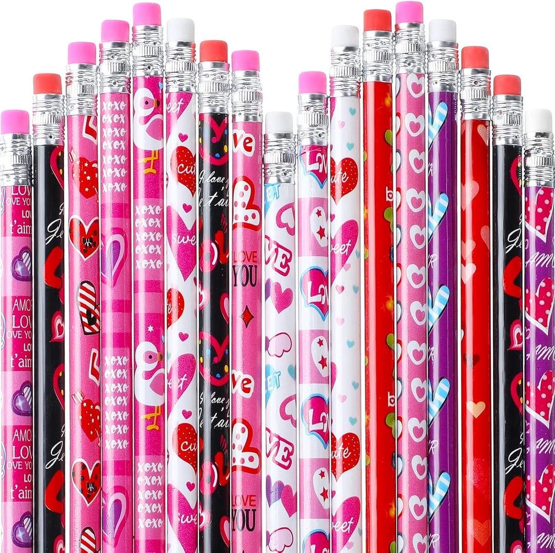 Marspark 48pcs Valentines Day Pencils Bulk Valentines Wood Heart Pencils with Erasers Valentine's Day Exchange Gifts for Valentine's Party Gifts Favors Goodie Bags Teacher Reward Supplies