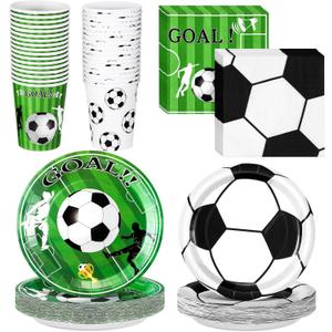 Domensi 200 Pcs Soccer Birthday Party Supplies for 50 Guests Includes 7 Inch 9 Inch Soccer Paper Plate 9 oz Disposable Cups and Napkins for Soccers Birthday Tableware Set Sports Party Decorations