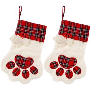 Jetec 2 Pieces 17.7 Inch Christmas Pet Stockings Cat Dog Paw Pattern Buffalo Plaid Fireplace Hanging Stockings for Christmas Fireplace Tree Decoration(Red)