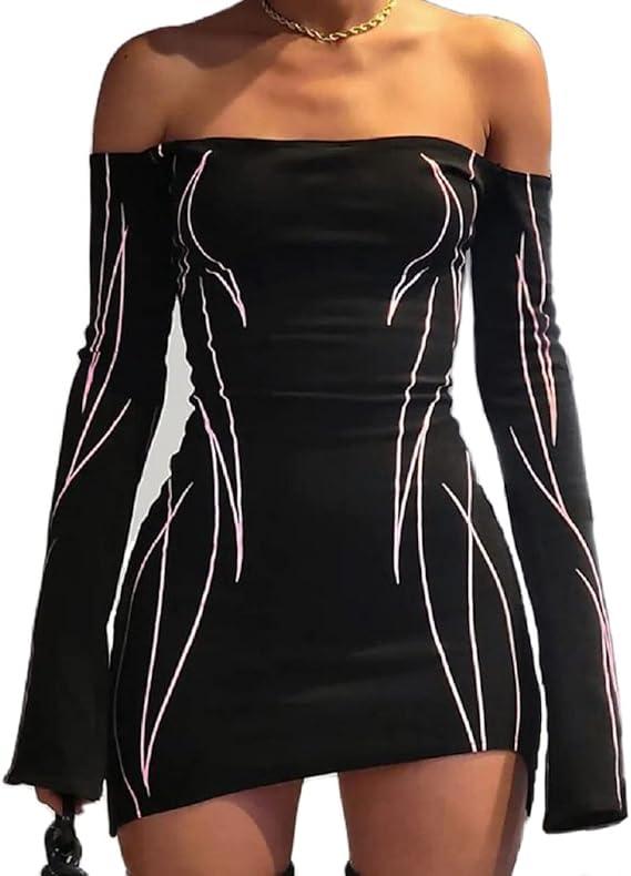 Aopwsrlyi Women Sexy Off Shoulder Long Sleeve Mini Bodycon Dress Y2K Print Asymmetrical Hem Dresses Party Clubwear (Black, M)