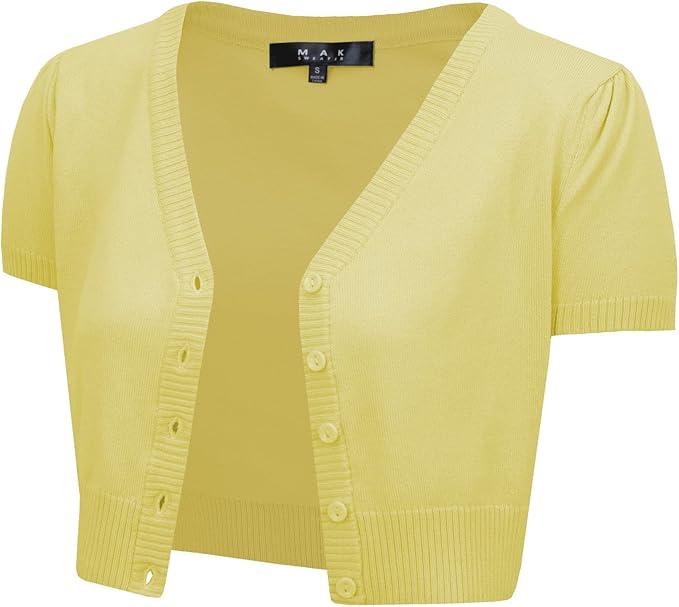 YEMAK Women's Cropped Bolero Cardigan – Short Sleeve V-Neck Basic Classic Casual Button Down Knit Soft Sweater Top (3X