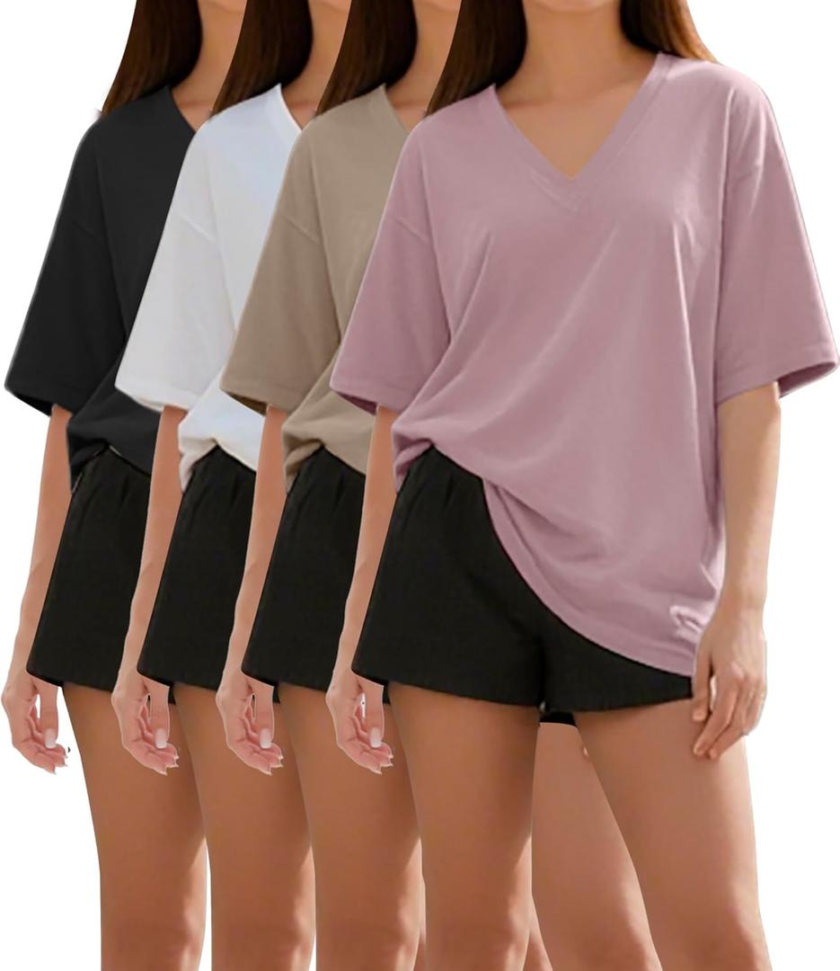 1/4 Pack Oversized TShirts for Women, Short Sleeve Drop shoulders Plus Size Baggy Dry Fit T Shirts Tops Tees (XX-Large, 1 Black 1 White 1 Dark Pink 1 Khaki) 1/4 Pack Oversized TShirts for Women, Short Sleeve Drop shoulders Plus Size Baggy Dry Fit T Shirts Tops Tees (XX-Large, 1 Black 1 White 1 Dark Pink 1 Khaki)