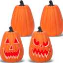 Lanpn 10 Inch Halloween Carvable Pumpkin 4 Pcs, Large Light up LED Artificial Foam Tall Carved Pumpkins Jack O Lantern with Emoji Templates Paints for Fall Autumn Thanksgiving Harvest Indoor Decor