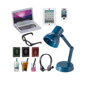 12Pcs Dollhouse Miniature Laptop Computer Tablet Phone Lamp Book Glasses Coffee Headset Simulation Accessories 1/12 1/6 Toy Pad Play Set Fits Barbie Doll Girl Mini Drink Party Office (Bule)