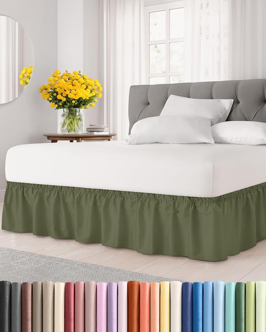 Wrap Around Dust Ruffle Bed Skirt - Sage Green - for Queen Size Beds with 15 Inch Drop - Elastic Strap - Adjustable Pleated Bedskirt with Brushed Fabric and Wrinkle Free - For Women, Men, Kids & Teens