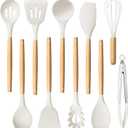 HaWare Silicone Cooking Utensils Set, 10-Piece Chef Kitchen Non-Stick Cookware with Wooden Handle, BPA-Free, 450F Heat Resistant - White