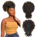 MODSIGHT Afro Puff Drawstring Ponytail with Bangs, Kinky Curly Ponytail Bun with Bangs Updo Hairpieces, Short Afro Puffs with Bang for Black Women (Black Brown to Deep Brown T2/33A) (1 piece set)