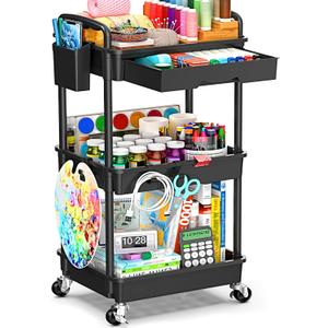 3 Tier Rolling Storage Carts with Removable Drawers, Lockable Wheels, Hooks & Cup Holders  Easy Assembly Storage Organizer for Kitchen, Bathroom, Office, Craft Room, Makeup, Black