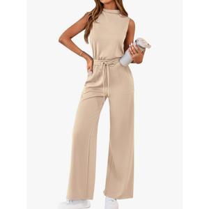 PRETTYGARDEN One Piece Jumpsuits for Women Dressy Summer Business Casual Outifts Sleeveless Mock Neck Wide Leg Rompers(Army Green,X-Large)