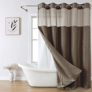 eachope no Hook Shower Curtain and Fabric Liner Set Thanksgiving Autumn Shower Curtain, Boho Tufted Striped Style with See Through Top Window, Brown, 71Wx74H