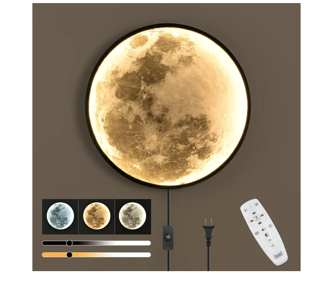 QIYIMEILUX Dimmable Moon Wall Sconce Plug in Modern LED Wall Light with Remote Control 19.7 inch 24W Black Wall Lamp Indoor Wall Mounted Lighting Ceiling Light for Living Room Bedroom（Moon）