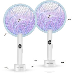 Electric Fly Swatter Racket, 2 in 1 Mosquito Bug Zapper 4100V Handheld Mosquito Killer with 1800 mAh Rechargeable Battery, Purple Ligh stand 3-Layer Safety Mesh for Indoor Outdoor Blue Two-Pack