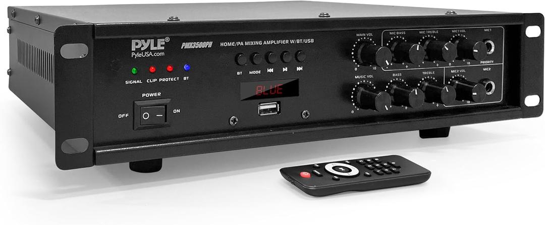 Pyle Bluetooth PA Mixing Amplifier - 500W Home Audio Rack Mount Stereo Power Amplifier, Digital LED Display, USB/AUX/Mic, Optical/Coaxial, AC-3, 70V/100V Output - PMX3500PH