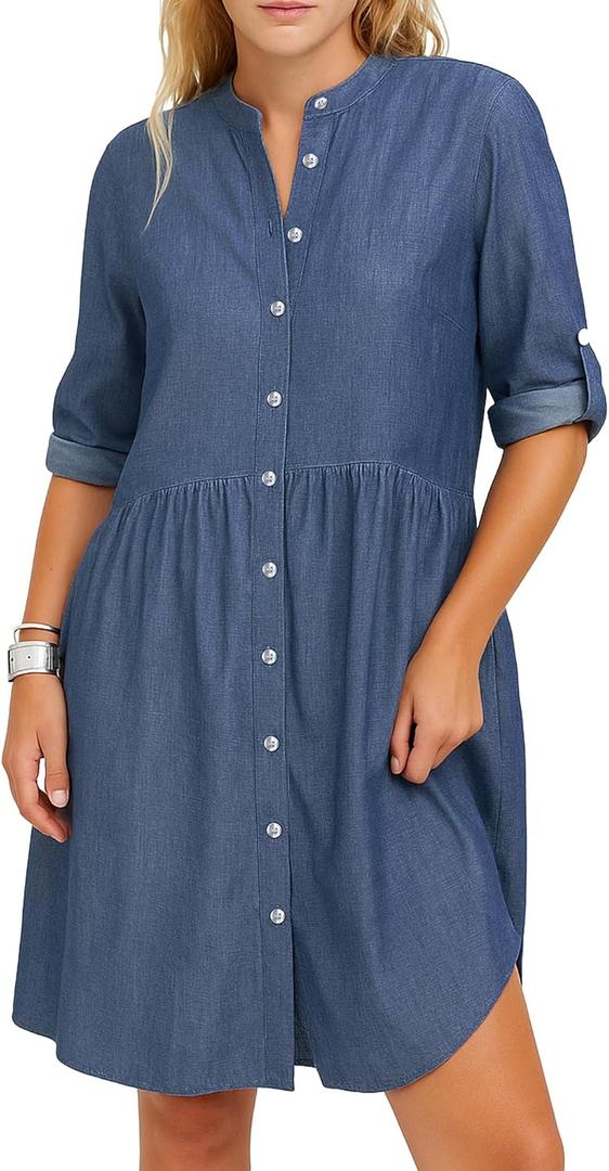 SUNNOW Women's Denim Button Front Mini Shirtdress Vintage Style Relaxed Fit Long Sleeve Dress