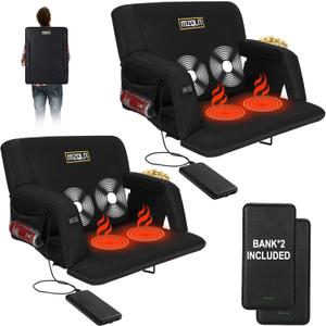 Heated Massage Stadium Seats Pack of 2, 25 Inche Folding Bleacher Chair with 10000mAh Portable Power*2, 3 Levels of Heat&Massage, 6 Reclining Positions for Camping, Sports