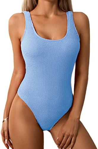 Limeeke Women One Piece Swimsuit Solid Ribbed Monokini Swimwear Scoop Neck Low Back Bathing Suit, Size: S