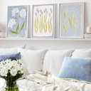 3Pcs Blue Green Tulip Hydrangea Flower Wall Art Flowers Plant Aesthetics Painting Picture Decor Elegant Preppy Poster Print Artwork for Living Room Gallery Bedroom Dorm Home Decoration