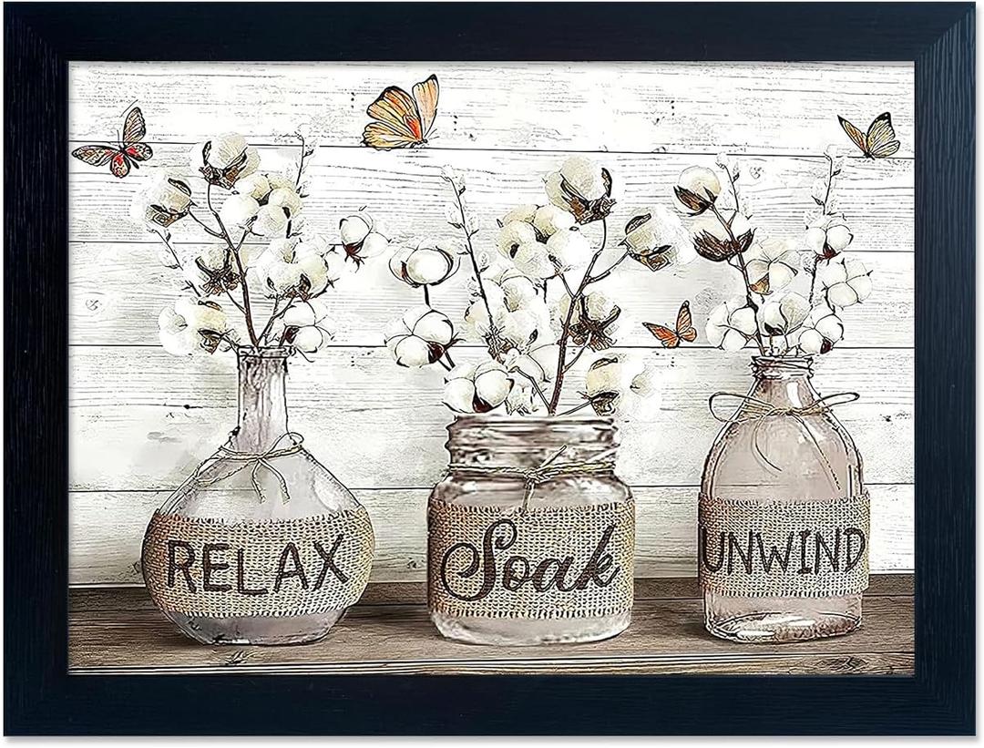 Bathroom Wall Art Farmhouse Wall Decor Cotton Flower Vase Canvas Art Vintage Butterfly Floral Glass Paintings Black Framed Pictures (14"L x 11"W, IK06)