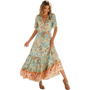 R.Vivimos Womens Summer Cotton Short Sleeve V Neck Floral Print Casual Bohemian Midi Dresses (Medium)
