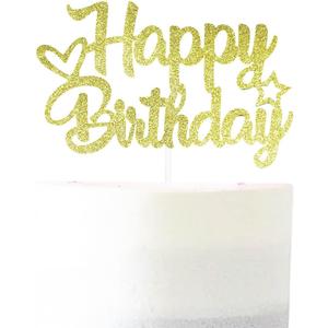 Gold Glitter "Happy Birthday" Cake Topper - Glitter Paper & Stick - Ready to Use