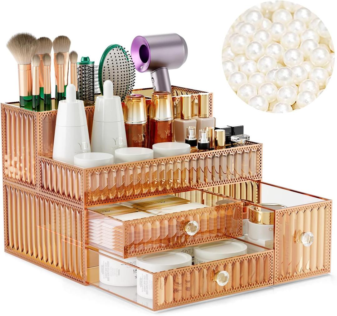 Makeup Organizer Golden- Tempered Glass Vanity Organizer for Cosmetics, Skincare, Hair Tools, Brushes, Perfume - Multipurpose Bathroom Counter Skincare Organizer, 
Product Dimensions : 11"D x 7.87"Wx 7.87"H