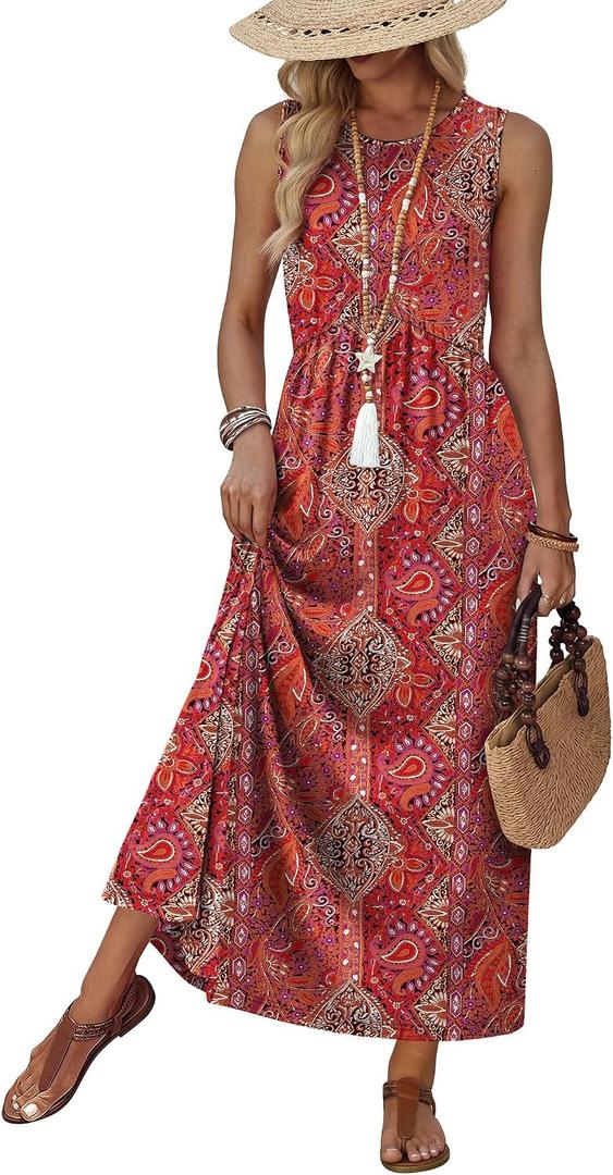 WIHOLL Summer Dresses Babydoll Maxi Dress Empire Waist Beach Vacation Sundresses 2026 with Pockets, M