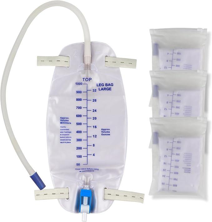 3 Pack Catheter Bags, Premium Easy-Tap Leg Bag Urinary Drainage Bag, 32 Oz with 3 18” Tubing, Anti-Reflux Valve, with Cloth Straps to Attach to Your Foot, Advanced Flip Drain for EZ Disposal