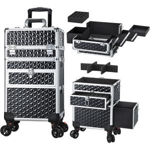 Joligrace Rolling Makeup Case with Drawers - Tattoo Storage Organizer Travel Cart for Nail Tech, Cosmetology, Barber Tools - Portable Suitcase on Wheels (Black)