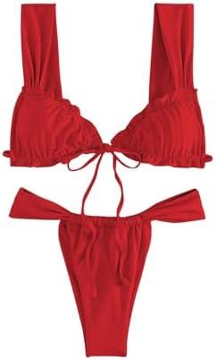 RoseSeek Women's Two Piece Swimsuits Frill Trim Tie Front Bathing Suit Wide Straps High Cut Sleeveless Bikini Sets,M